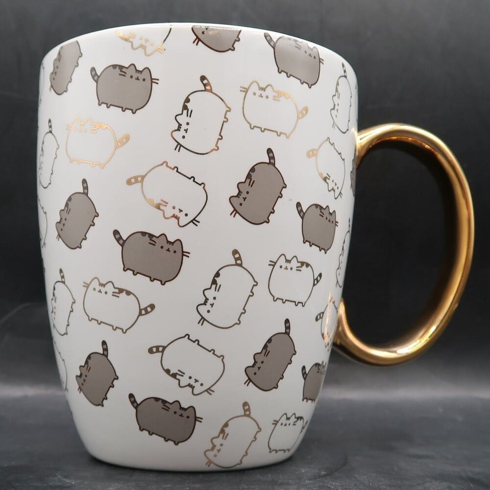 Pusheen Coffee Mug Our Name is Mud Gold Pattern With White Accents 12 oz Kawaii